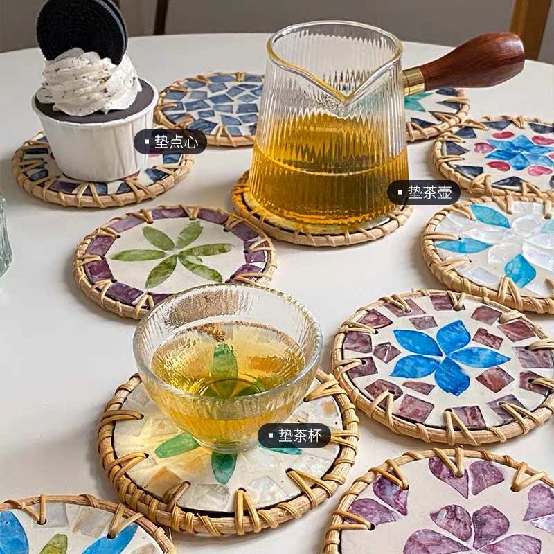 越南藤编杯垫贝壳手工杯垫圆形家用桌面防烫隔热垫ins风日式餐垫