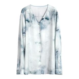 OFFIY-儒雅清凉新中式水墨印花仿真丝V领长袖气质女士上衣衬衫新