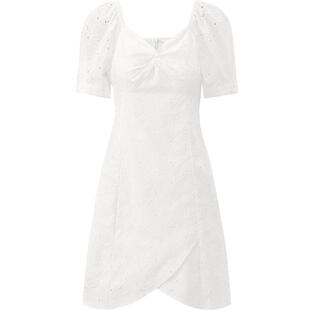 【清仓】太平鸟 年夏季绣花短款连衣裙扭结V领泡泡袖a字裙女