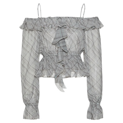 MOUSSY 早春新品甜美荷叶边露肩格子长袖衬衫女028IAA30-1006