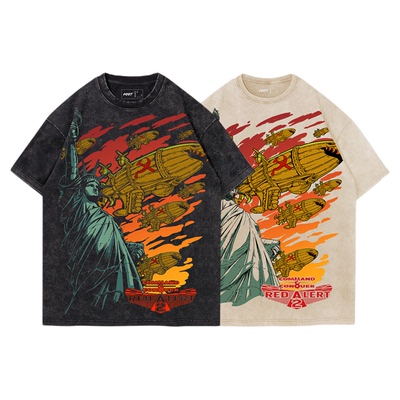 TEE7复古游戏红警Kirov飞艇水洗做旧纯棉宽松短袖T恤经典怀旧ins