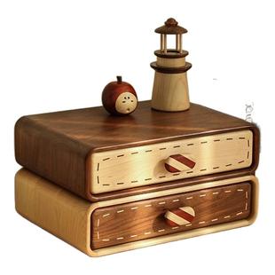 黑胡桃木桌面双层玄关小抽屉式家用实木文件收纳盒首饰杂物收纳柜