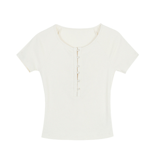 NEVA HU甜欲出击 黑色珍珠亨利领T恤短袖女夏季修身短款正肩上衣