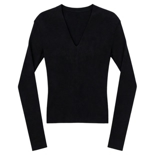 Basic House/百家好高级感黑色V领长袖打底衫女春季内搭修身上衣