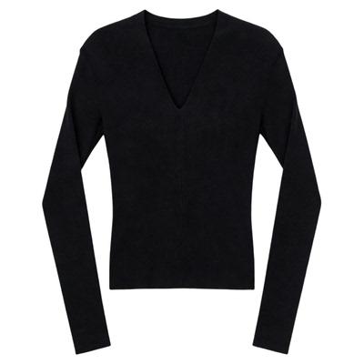 百家好高级感黑色V领长袖打底衫