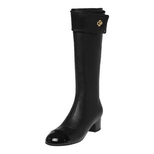 真皮法式小香风拼接高筒靴高跟粗跟不过膝长靴女秋冬设计感骑士靴