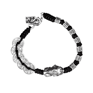 足银999五帝钱手串纯银招财编绳貔貅手链宫廷风盘缠钱串子手环男