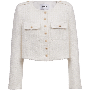 ONLY2025冬季新款利落正肩短款金属纽扣粗花呢圆领小香风外套女