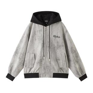 三福2026春季新款男士英文刺绣假两件呢料夹克蜡染宽松外套516527