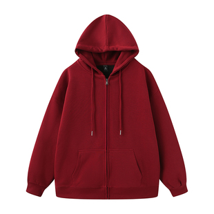 开衫外套拉链连帽加绒卫衣女款2026新款宽松慵懒风大码红色上衣女