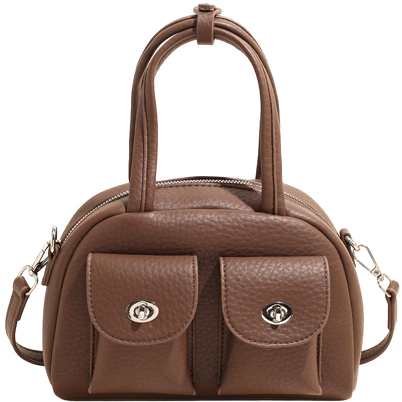 2025新款美拉德风女高级感皮质复古风百搭手提包双口袋通勤单肩包