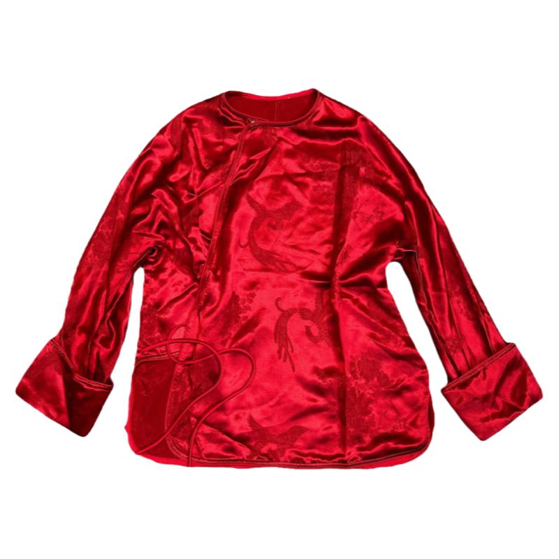 春季新款新中式时尚长袖圆领衬衫女士复古气质中国风提花红色衬衣