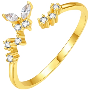 六桂福 蝴蝶戒指S925纯银黄金色轻奢锆石指环女款新年礼物