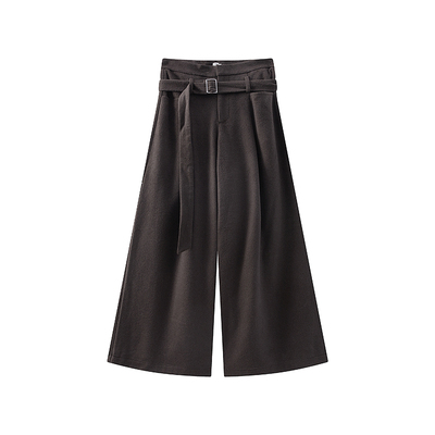 秋新羊毛混纺腰带阔腿休闲西裤