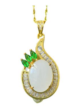 天然新疆金丝玉蛋面吊坠白玉挂件古法银镶嵌玉吊坠配证书礼盒链子