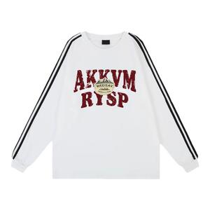 潮牌条纹织带收口长袖男款秋季休闲纯棉美式oversize白色t恤上衣