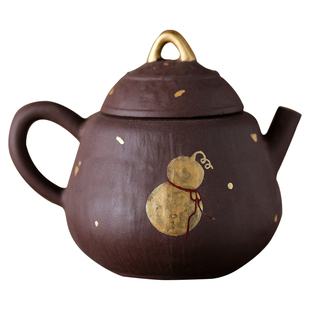 觅己紫泥墨云壶手绘金葫芦茶壶复古陶瓷泡茶壶防烫家用新年茶具
