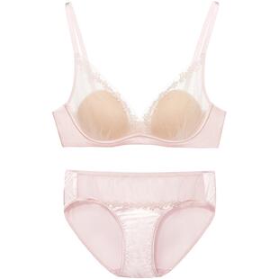 ubras春日桃花刺绣网纱内衣深V小胸聚拢缎面性感蕾丝无钢圈文胸罩