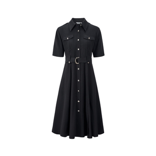 GIOVANNI VALENTINO夏季女士职场通勤收腰衬衫连衣裙翻领中长裙