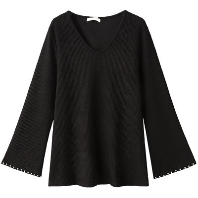大码V领纯欲黑色镶钻喇叭袖小衫