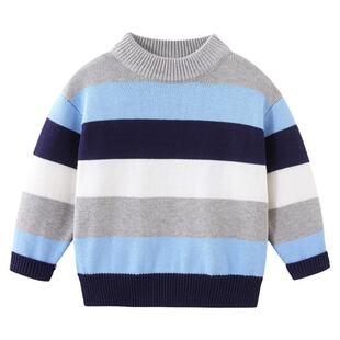 男童圆领毛衣纯棉秋冬季中大童儿童加绒棉线衣条纹打底针织衫8101