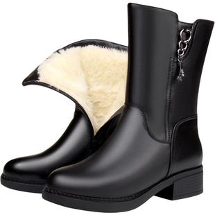 全牛皮雪地靴女皮毛一体女靴真皮平底羊毛中筒靴大码女鞋冬季加绒