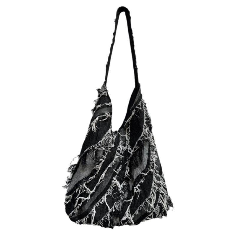 废土风2024新款小众设计感牛仔包拼接帆布包大容量斜跨单肩托特包