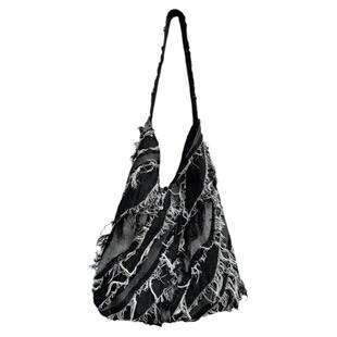 废土风2025新款小众设计感牛仔包拼接帆布包大容量斜跨单肩托特包