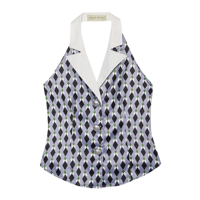 复古辣妹印花上衣挂脖