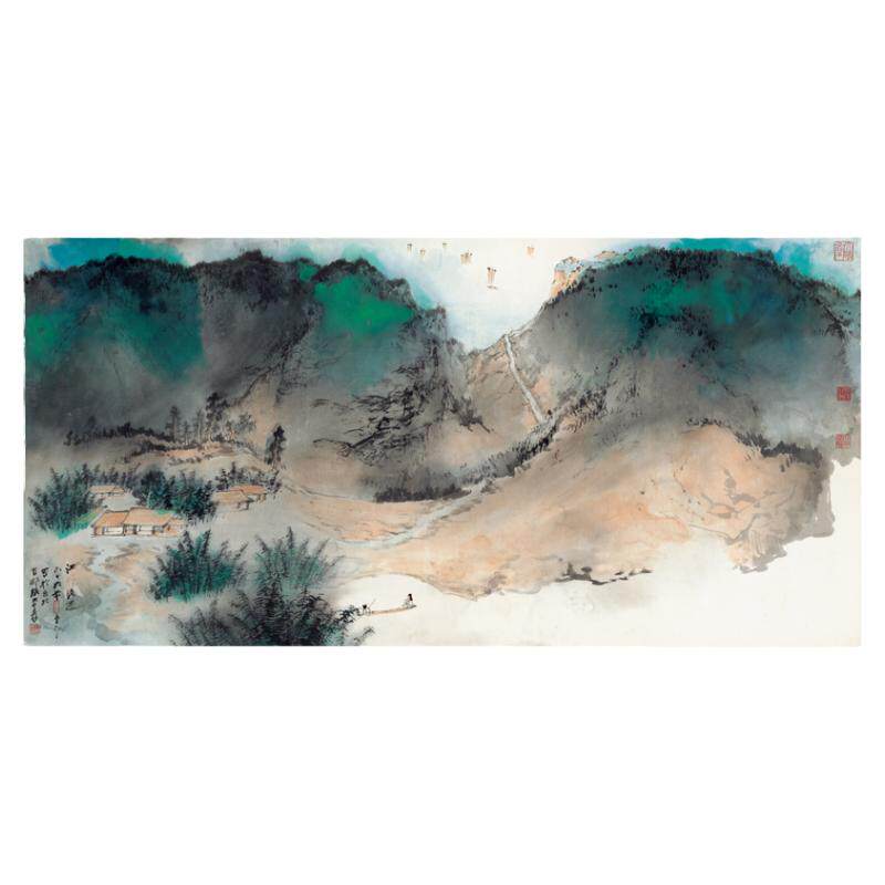 张大千江村泼墨重彩复制临摹书画