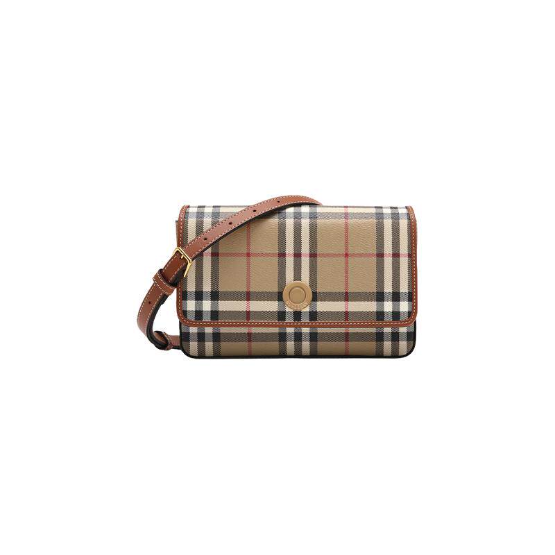 【自营】BURBERRY/博柏利女士Hampshire皮革饰边格纹单肩斜挎包
