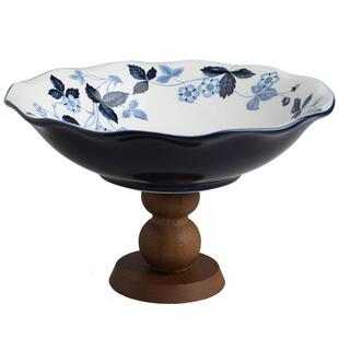 舍里中古风高脚陶瓷果盘法式轻奢干果盘木质底座下午茶点心零食盘