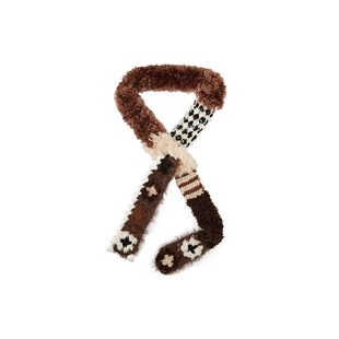 小黄香蕉手钩复古方格条纹围巾女手工毛线针织可爱毛茸软糯风冬季