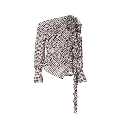 【新款】Cello Sonata 25秋 原创纯棉露肩斜肩格子荷叶边衬衫上衣