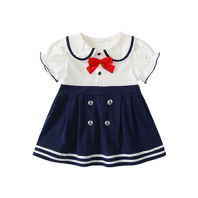 【本印苏拉】女童宝宝学院风娃娃领连衣裙夏季小女孩蝴蝶结公主裙