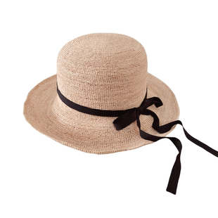 无印同款法式复古简约丝带蝴蝶结拉菲草圆顶草帽渔夫帽太阳帽子女