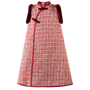 LittleNaive儿童粗花呢旗袍加绒国风连衣裙冬女童过年红色背心裙