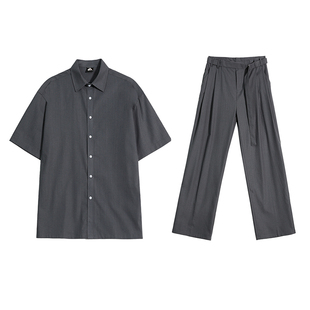 MRCYC老钱风时尚套装男士夏季宽松短袖衬衫韩系潮流直筒拖地西裤