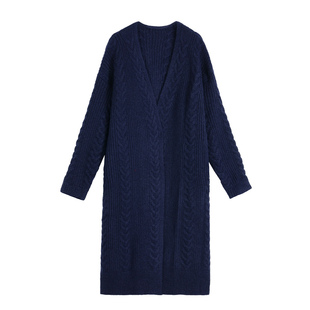 pusumede【现货7折】麻花中长款毛衣外套女宽松慵懒风针织开衫