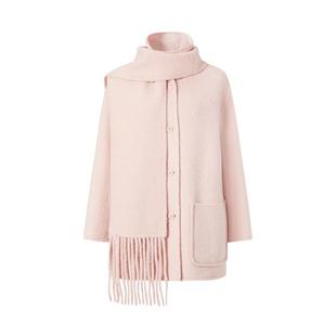 商场同款 摩萨克冬绵羊毛双面呢可拆卸围巾大衣外套女