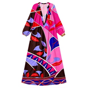 女士V领长袖 宽松腰度假连衣裙 V-neck long-sleeved swung dress