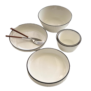 安木良品 韩国ins极简风线条质感釉下彩陶瓷家用大汤碗餐盘子套装