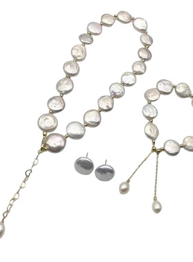 镀14K金淡水纽扣扁巴洛克项颈链手链 银针耳钉 小红书抖音明星款