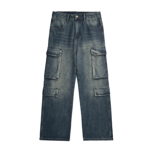 美式重磅水洗做旧工装牛仔裤男宽松多口袋休闲裤高街潮牌阔腿裤子