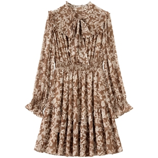 BANANA BABY2025年冬季新款印花雪纺连衣裙女系带灯笼袖衬衫短裙