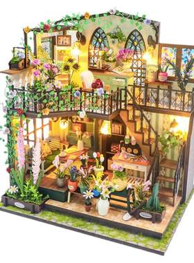 弘达diy小屋达西花房手工模型阁楼拼装木制房子场景玩具生日礼物