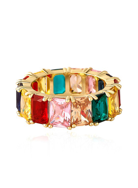 欧美个性潮流嘻哈街头微镶锆石情侣戒指 彩色方形RING彩虹指环