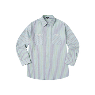 WHOOSIS（不知其名）条纹泡泡纱锁链绣长袖衬衫春季情侣宽松男女