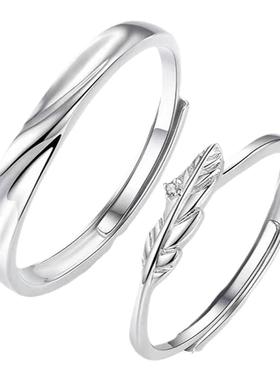 s925纯银丘比特之羽情侣戒指对戒男女一对羽毛开口指环