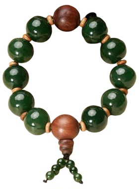 新疆和田玉碧玉籽料苹果珠算盘珠手串男女款天然玉石单圈手链配珠